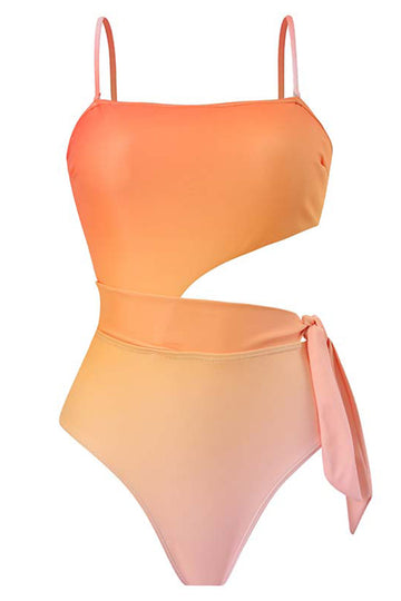 Maillot de bain une pièce orange taille haute avec découpe